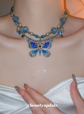 镶钻玻璃珍珠蝴蝶圆形吊坠项链时尚个性百搭锁骨链轻奢高级感颈链