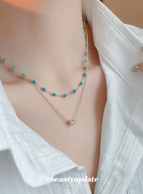 真金电镀波西米亚风松石串珠项链轻奢复古锁骨链简约高级感饰品女