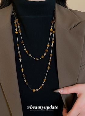 复古虎眼石珠串珠叠带水晶项链美拉德风锁骨链小众设计感毛衣链女