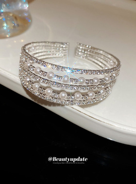 镶钻珍珠多层开口手镯女欧美精致高贵气质手环轻奢高级感手饰