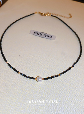 黑色水晶珍珠串珠项链时尚简约