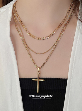 18k真金电镀十字架链条串珠多层项链跨境锁骨链轻奢高级感颈链女