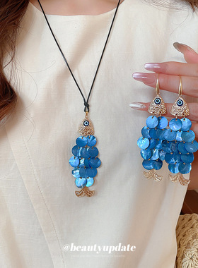 三角形眼睛圆形贝壳吊坠项链小清新度假风锁骨链小众设计感项饰女