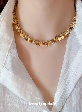 欧美跨境金属亮片爱心流苏项链时尚百搭锁骨链小众设计感颈链项饰