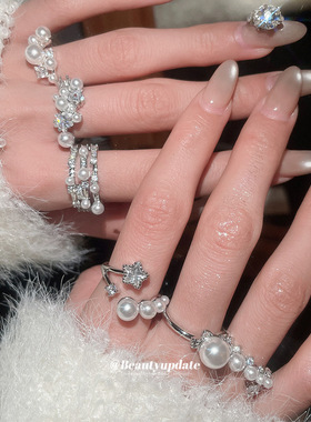 韩系ins锆石珍珠开口戒指冷淡风优雅气质百搭食指戒轻奢小众手饰