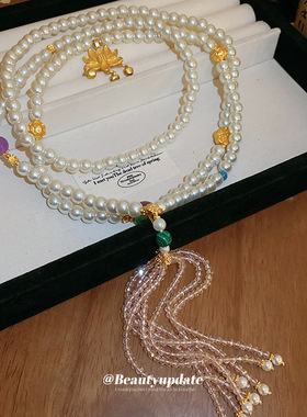 真金电镀新中式莲花人造珍珠项链身体链古风多感气质锁骨链项饰