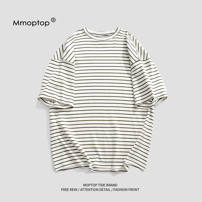 Mmoptop2024夏季韩版细条纹宽松圆领短袖T恤五分袖港风男士情侣潮