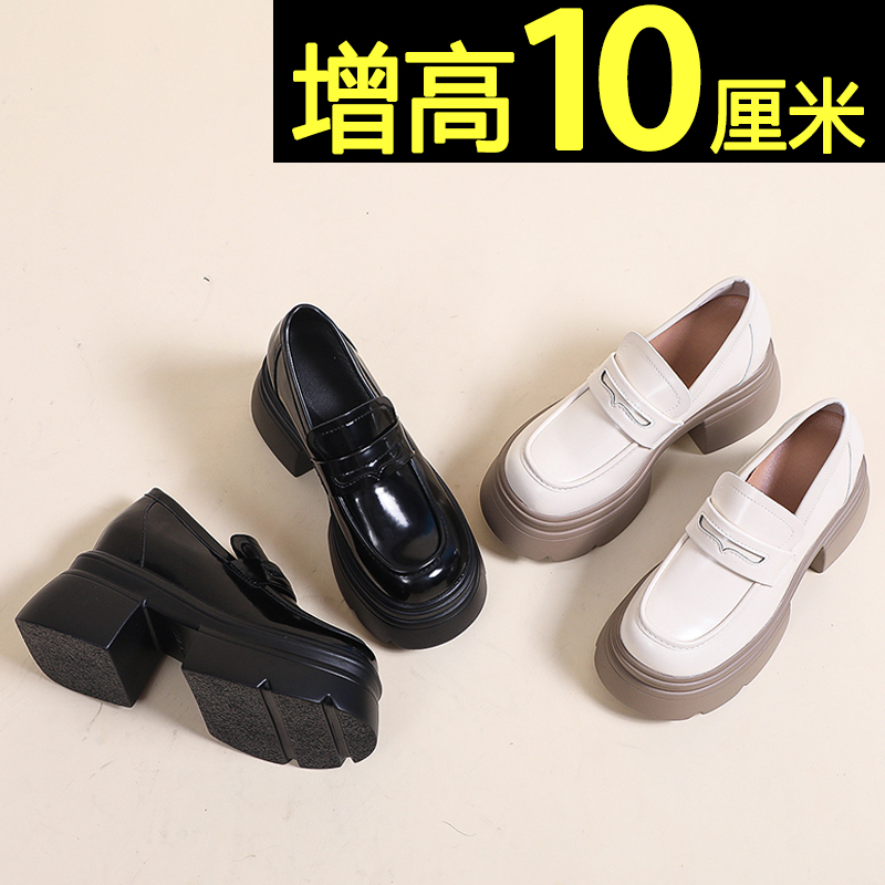 厚底黑色小皮鞋女2025新款春春小个子增高英伦风乐福鞋高跟单鞋 - 图2