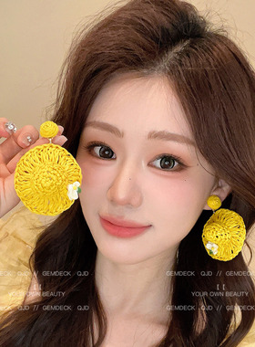 超仙度假风黄色编织耳环女
