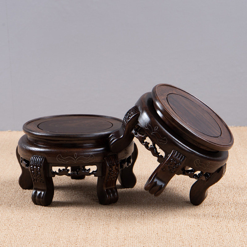 黑檀木圆形花瓶底座实木花盆奇石盆景酒坛荷花缸加高摆件木底托架