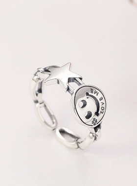 小众银饰s925纯银戒指韩版笑脸泰银戒指微笑星星开口指环男女款