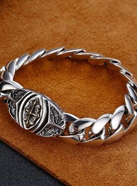 小众银饰S925纯银手链男士粗款十字架光面泰银复古手环纯银饰品