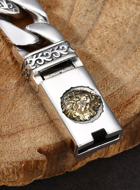 小众银饰男士925纯银手链男女款国风潮唐草纹狮子古巴手链泰银饰