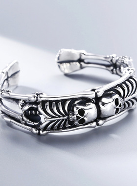小众银饰男生925纯银骷髅手镯男士开口可调镯子泰银复古潮流朋克