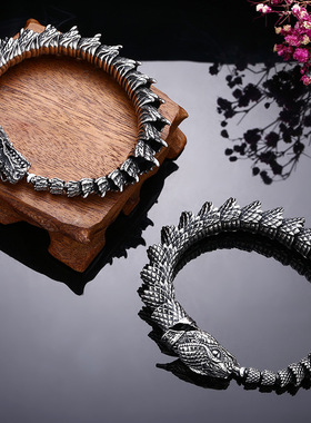 小众银饰925纯银手链粗款神龙男士蟒蛇手环泰银复古做旧手链银饰