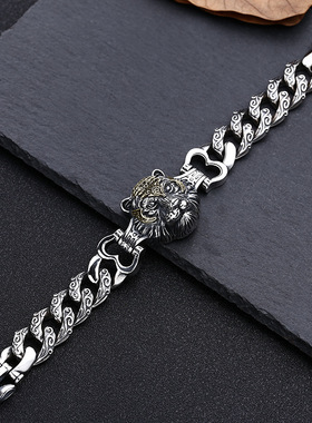 小众银饰男士925纯银手链老虎头粗款潮流个性泰银复古做旧手环