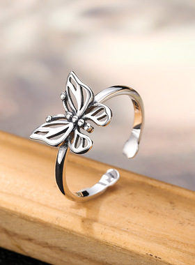 小众银饰s925纯银戒指银饰品韩版简约精美蝴蝶尾戒女款开口戒指