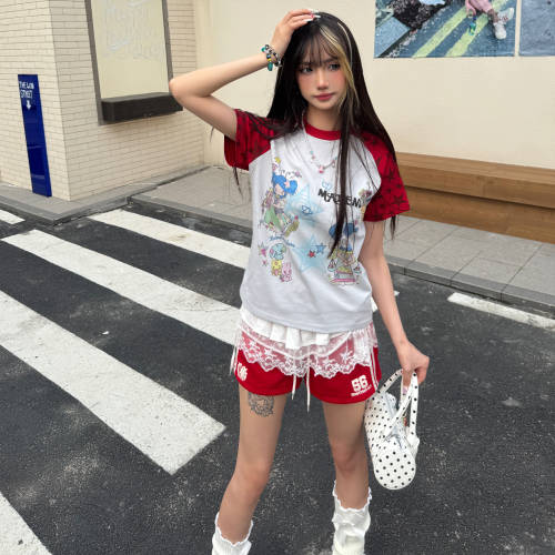 Amoeba美式复古Y2K轻亚撞色星星短袖女夏季宽松卡通少女正肩T恤 - 图2