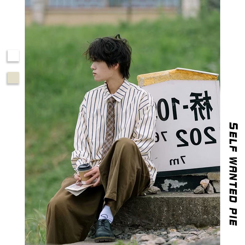 春秋@原宿风长袖竖条纹男女衬衫 自想派衬衫