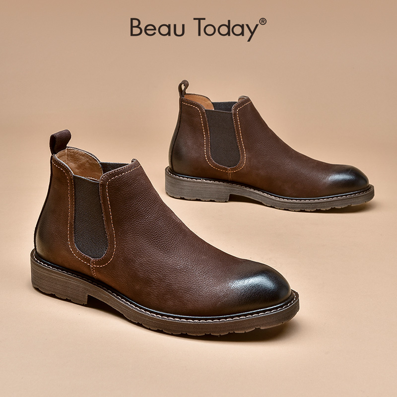 BeauToday切尔西靴男款中高帮工装马丁靴低帮软皮英伦皮鞋冬加绒 - 图2