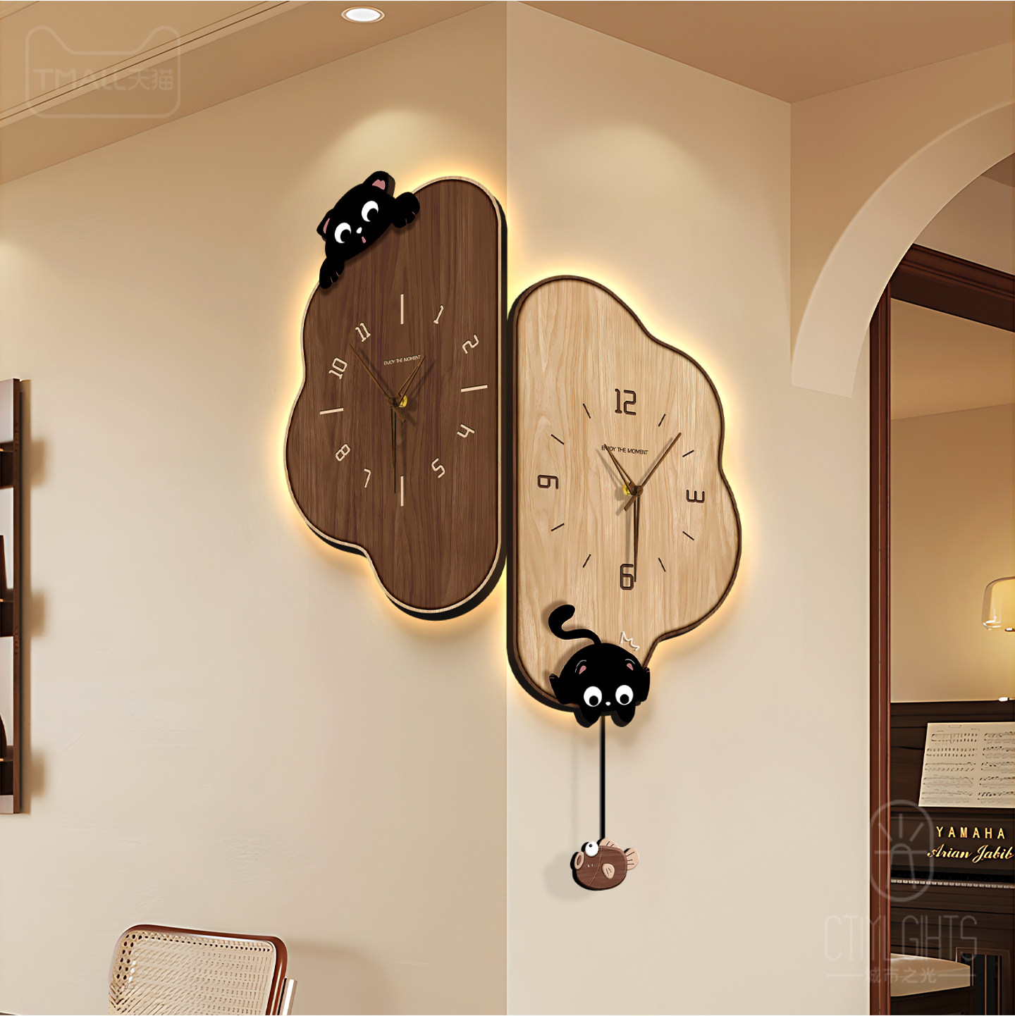 中古风客厅拐角挂钟2026新款猫咪万年历电子钟表创意双面转角时钟,淘宝优惠券,粉丝福利购,淘宝优惠卷