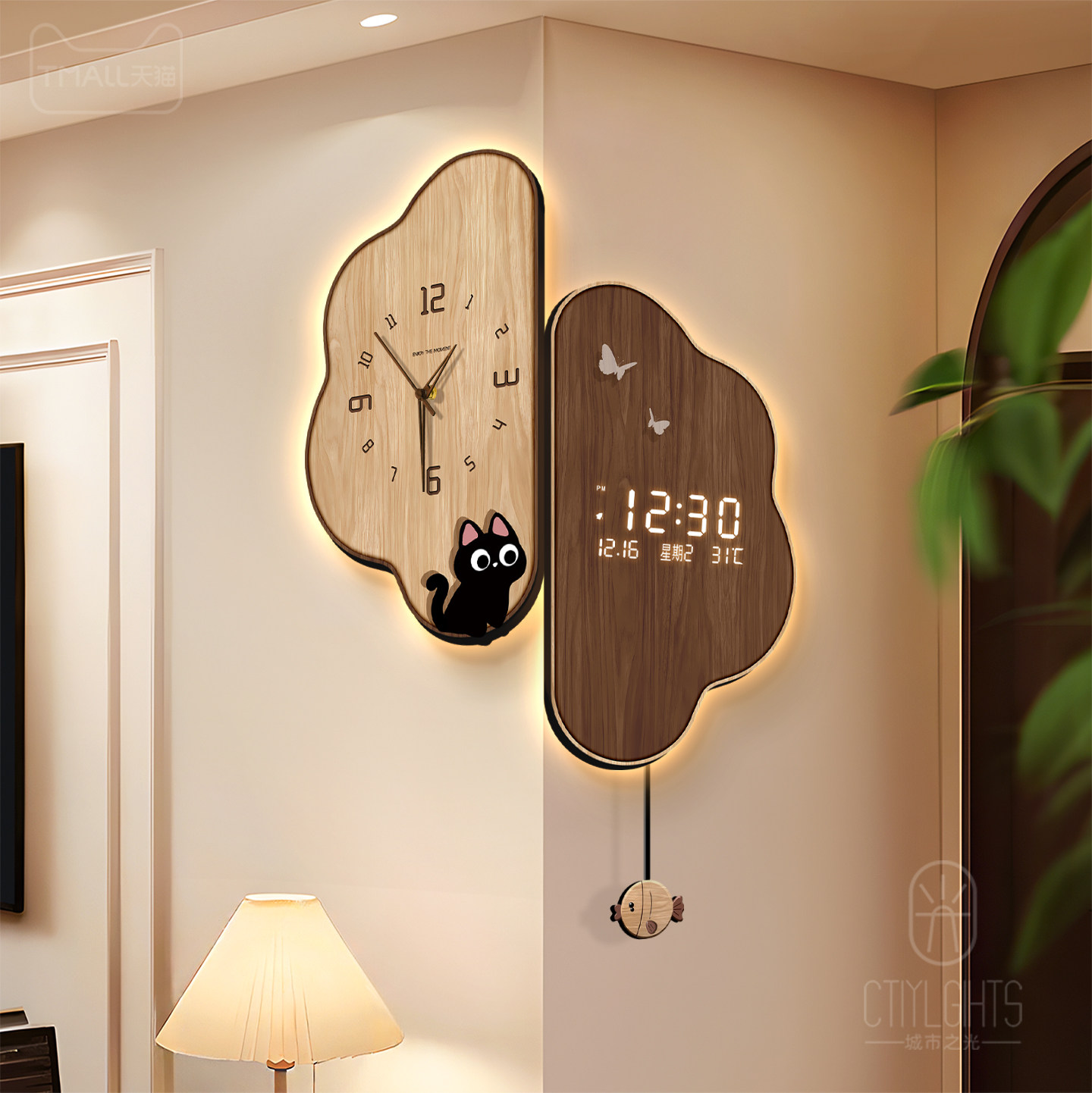 中古风客厅拐角挂钟2026新款猫咪万年历电子钟表创意双面转角时钟,淘宝优惠券,粉丝福利购,淘宝优惠卷