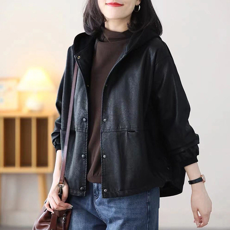2024秋季新款连帽皮衣女宽松显瘦文艺百搭韩版纯色PU夹克外套女潮,淘宝优惠券,粉丝福利购,淘宝优惠卷
