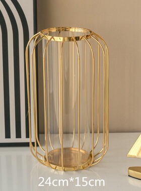 轻奢铁艺玻璃餐桌桌面摆件家居灯笼花瓶客厅样板间电镀水培玫瑰金