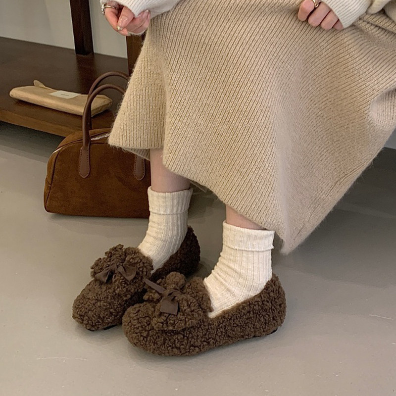 厚底毛毛鞋女冬外穿懒人一脚蹬乐福鞋法式蝴蝶结豆豆鞋女加绒棉鞋,淘宝优惠券,粉丝福利购,淘宝优惠卷