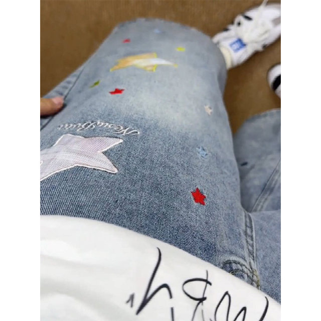 Summer star patch over printed denim pants cropped ສໍາລັບແມ່ຍິງ