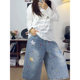 Summer star patch over printed denim pants cropped ສໍາລັບແມ່ຍິງ