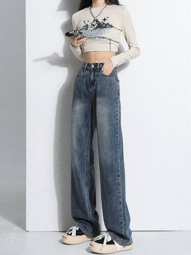 高街阔腿牛仔裤女春秋大码新款宽松垂感小个子高腰显瘦窄版拖地裤 - 图2