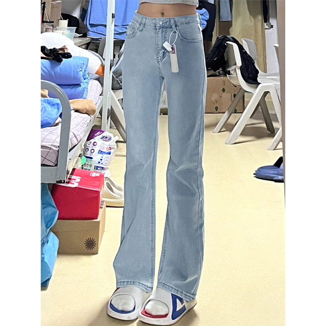 Jeans bootcut ສີຟ້າອ່ອນສໍາລັບແມ່ຍິງ, pants hoof ມ້າ