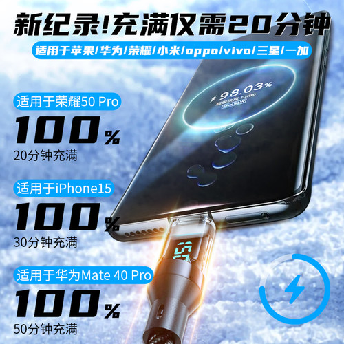 120W超级闪充智能数显数据线type-c适用华为nova13荣耀300mate60VIVO小米OPPO魅族通用快充电线6A车载加长2米 - 图3