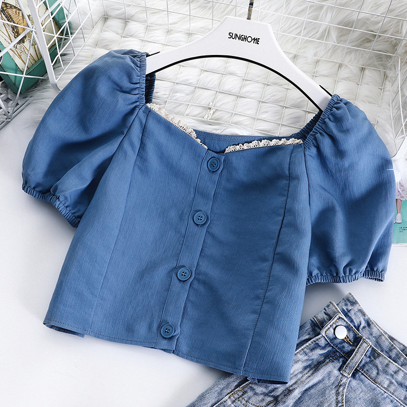 复古法式泡泡袖夏季2020新款雪纺衫 秀依媚族蕾丝衫/雪纺衫