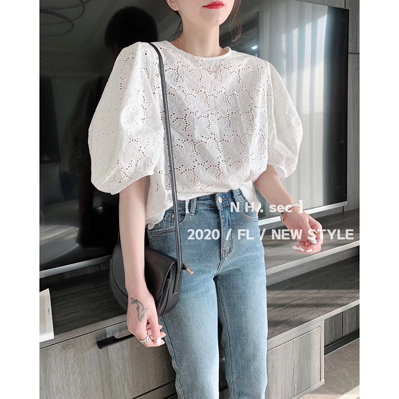 2020夏季新款欧洲站白色宽松蕾丝衫 娇品茜蕾丝衫/雪纺衫