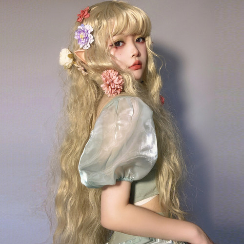 假发女长发夏季新款写真lolita米白金色水波纹羊毛卷发全头套式-图2