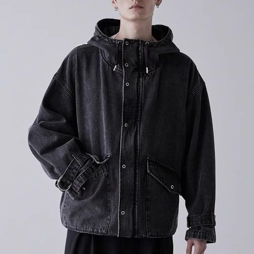 日单男女同款潮牌纯棉春秋深灰色廓形水洗连帽牛仔外套下摆设抽绳,淘宝优惠券,粉丝福利购,淘宝优惠卷