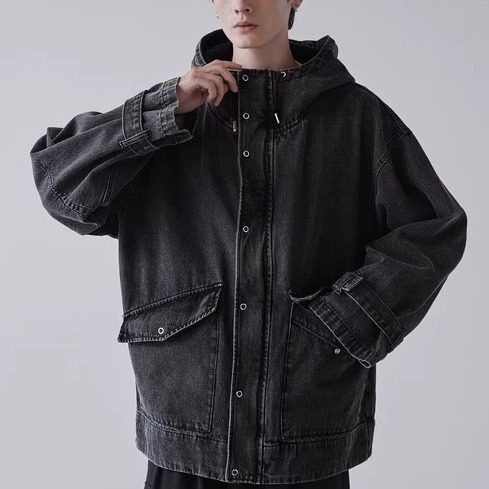 日单男女同款潮牌纯棉春秋深灰色廓形水洗连帽牛仔外套下摆设抽绳,淘宝优惠券,粉丝福利购,淘宝优惠卷