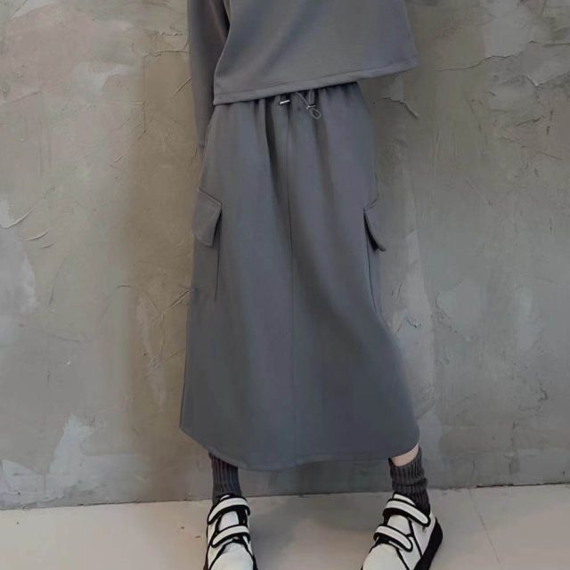 Spring and Autumn Casual Retro Work Wear Pocket Skirt Hong Kong Style Slit High Waist Slimming Mid-Length A-Line Skirt