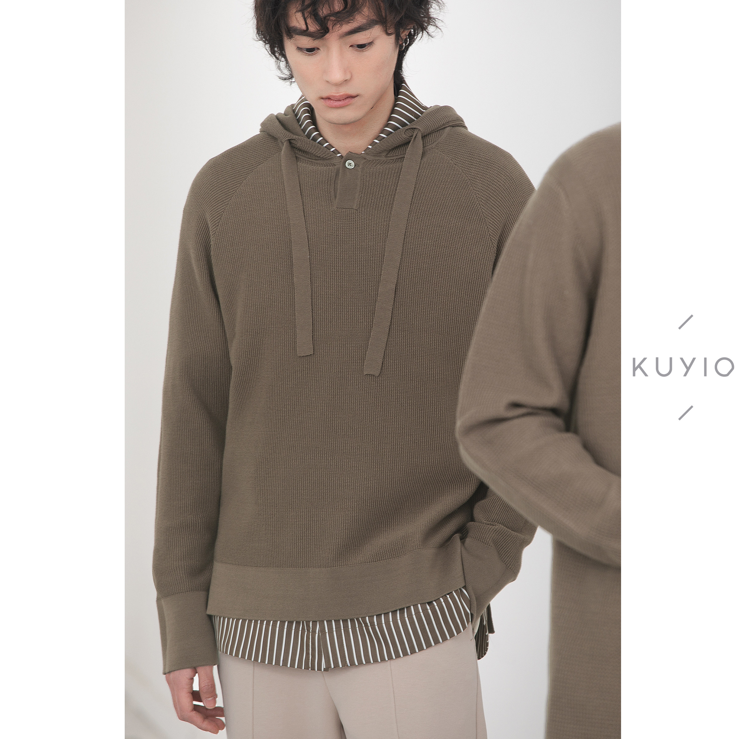 KUYIOU/12G细华夫格 丝光棉插肩袖宽松针织衫纯棉连帽卫衣男,淘宝优惠券,粉丝福利购,淘宝优惠卷