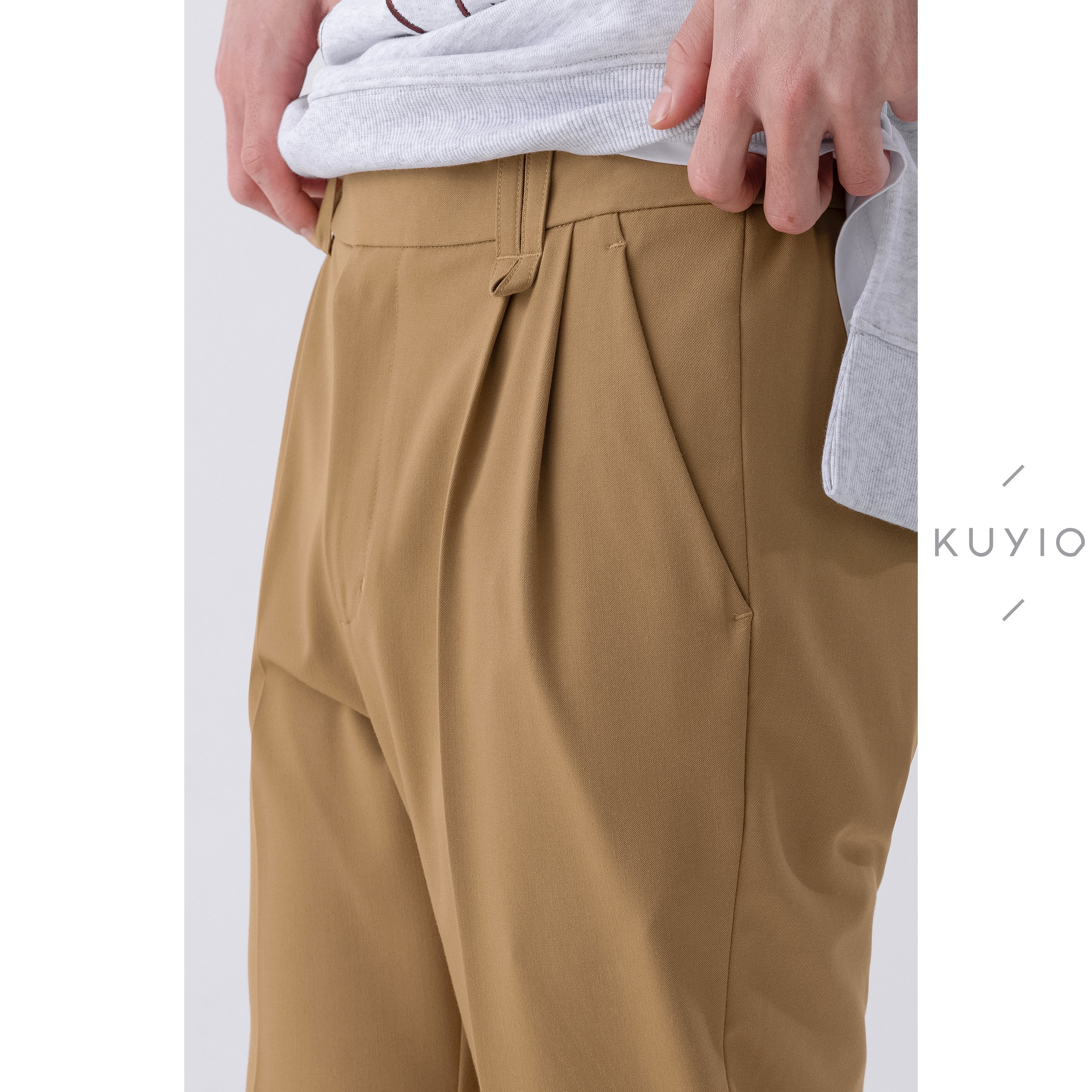 日常通勤基础 KUYIOU/意式双褶垂感直筒松紧腰休闲西装长裤男 K33 - 图0