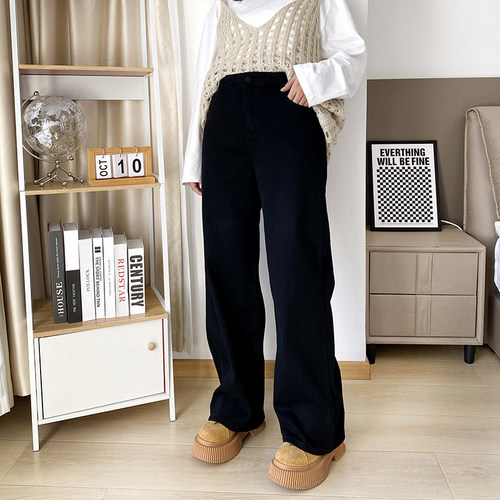 大爽家大码窄版加绒黑色牛仔裤女秋冬裤子阔腿裤长裤显瘦直筒裤 - 图2