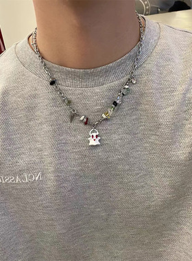 小怪兽碎石黑链条项链男女锁骨链嘻哈小众设计高级感毛衣卫衣链潮