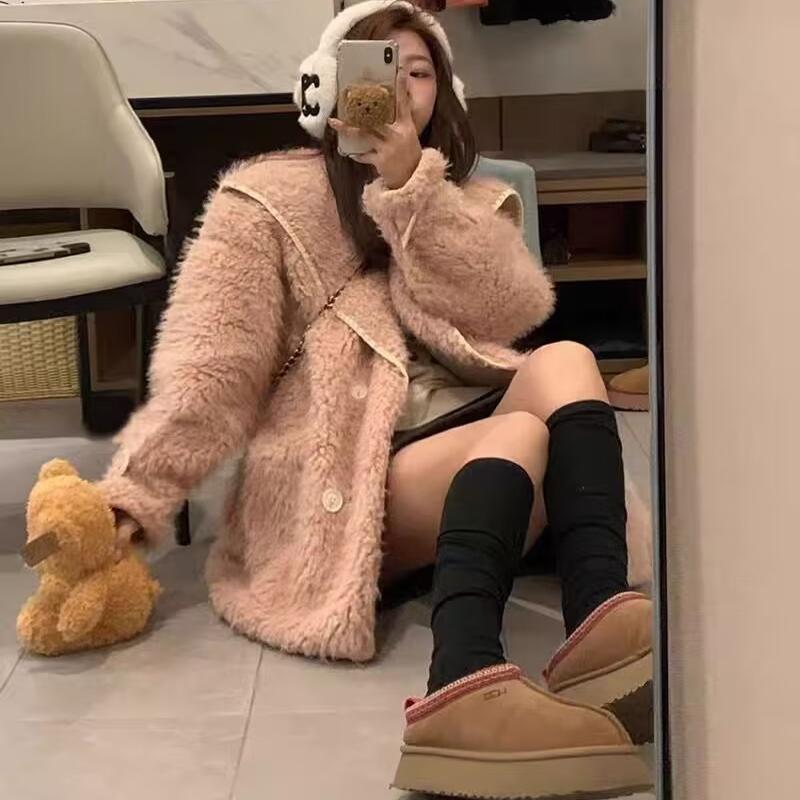 【五折】小香风海军领羊羔毛外套女冬季韩版时尚宽松保暖皮毛一体 - 图1