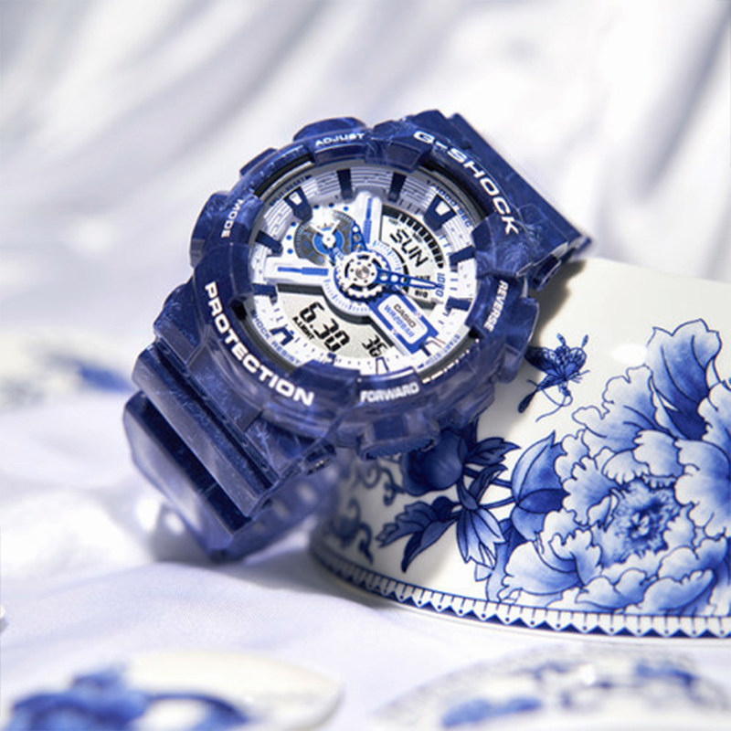卡西欧新款青花瓷配色国潮主题GSHOCK运动石英男手表GA-110BWP-2A