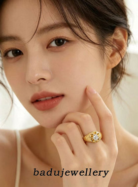 法式复古金色开口镶钻戒指女百搭