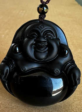 真品黑曜石大肚笑佛吊坠 大号女款弥勒佛挂件男士玉石雕佛毛衣坠