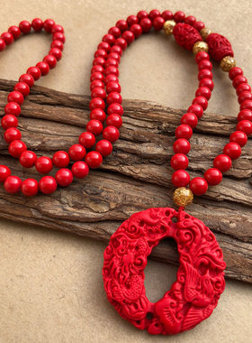 原色朱砂牙月龙凤吊坠转运护身帝王红龙凤佩挂件饰毛衣链情侣流苏