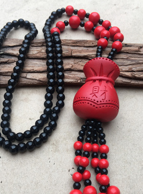 台湾天然原色朱砂聚福钱袋毛衣链帝王红秋冬项链福袋吊坠送证书